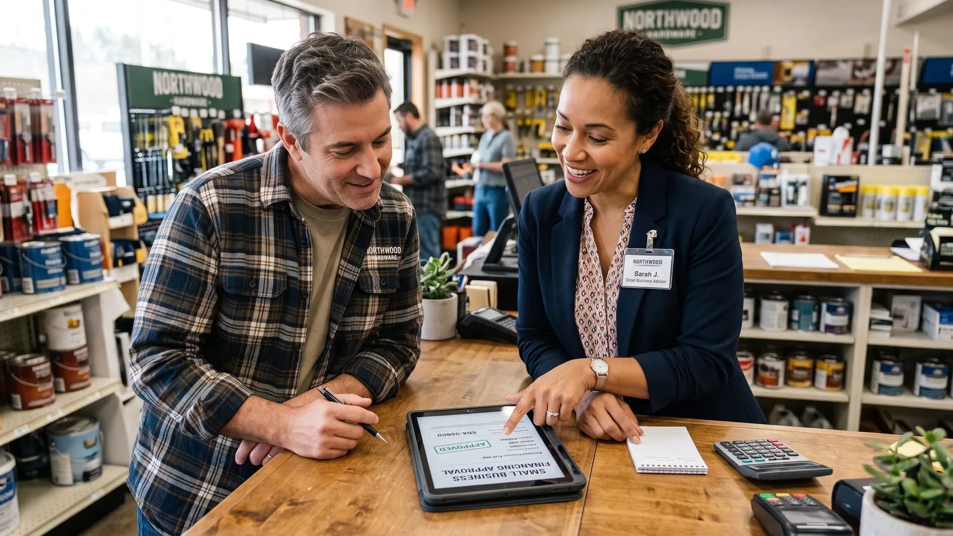 An advisor helping a business owner review a financing approval at the counter
